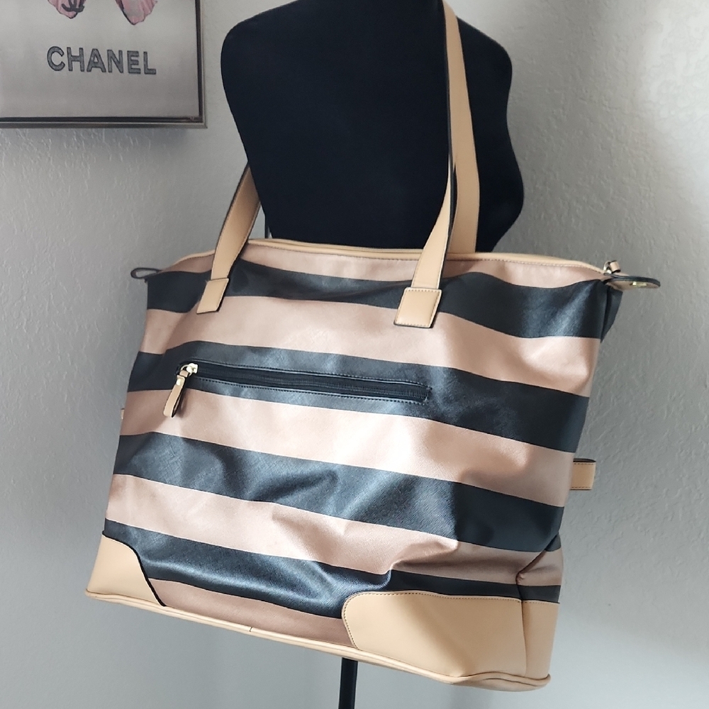 Bueno oversized striped black, gold  and tan tote bag